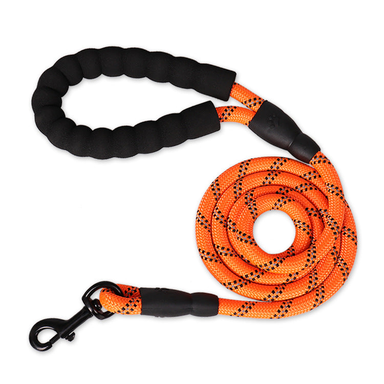 Black and orange braided dog leash on a white background