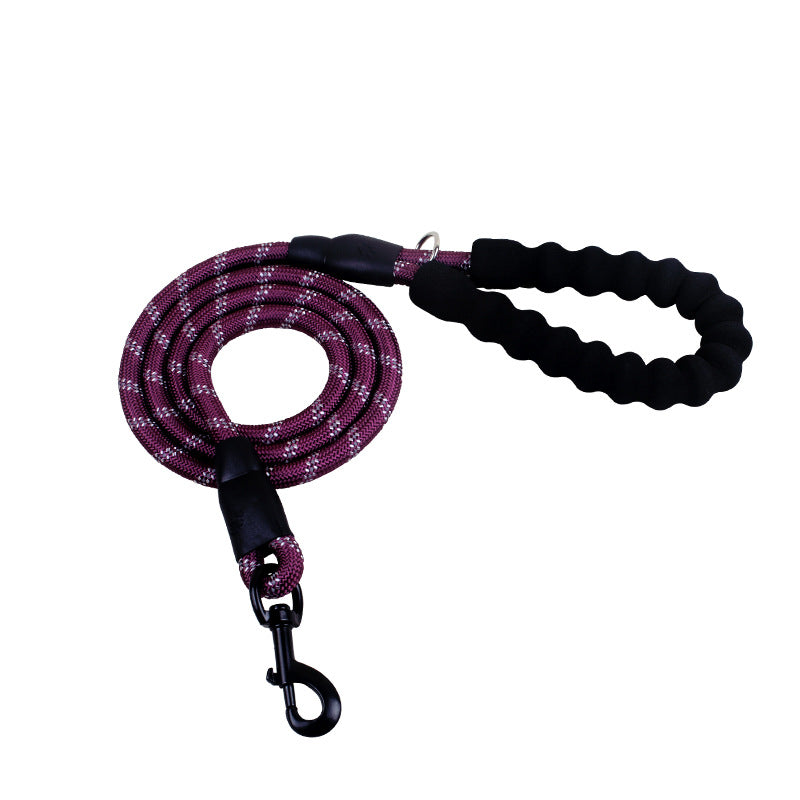 Dog leash with purple and black pattern on a white background