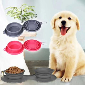 Foldable double dog bowl made of silicone for travel use