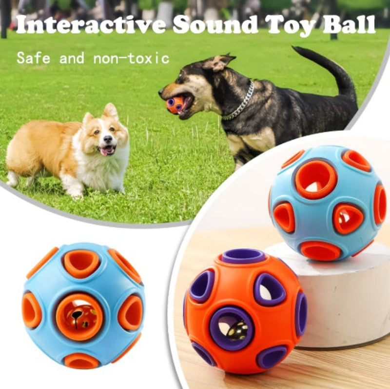 Interactive sound toy ball for dogs with two dogs playing in the background.
