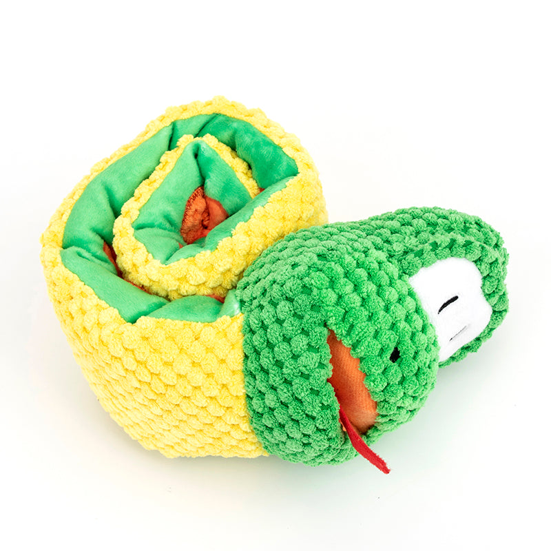 Plush snake toy with green head and yellow body on a white background