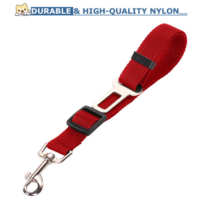 Red dog leash with metal clip on a white background, labeled as durable and high-quality nylon.