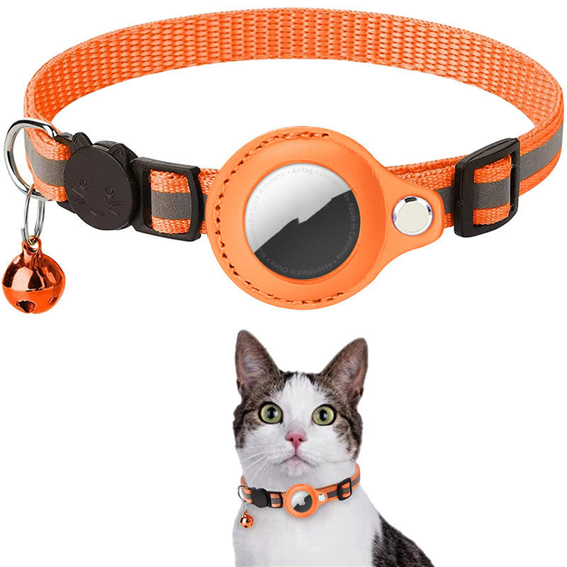Orange cat collar with reflective strip and bell, worn by a cat on a white background
