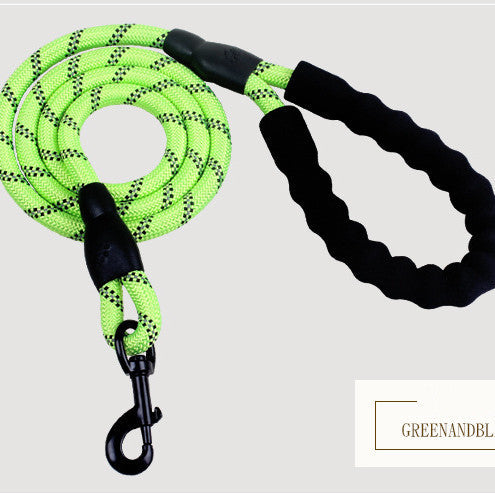 Green and black dog leash on a light gray background